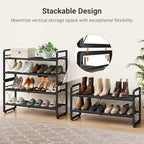 ELYKEN Shoe Rack, 2-Tier Expandable Shoe Organizer for Entryway, Metal Black Shoe Shelf with 4 Hooks, Ajustable Shoe Stand Ho