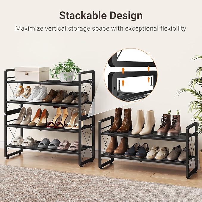 ELYKEN Shoe Rack, 2-Tier Expandable Shoe Organizer for Entryway, Metal Black Shoe Shelf with 4 Hooks, Ajustable Shoe Stand Ho