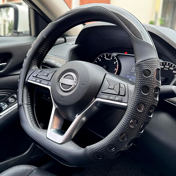 PINCTROT D Shaped Race Grip Steering Wheel Cover, Anti Slip Silicone Perforated Design with Soft Touch Padding, Enhanced Grip for Sporty Driving Flat Bottom 14.5-15 Inch (Racing Black)