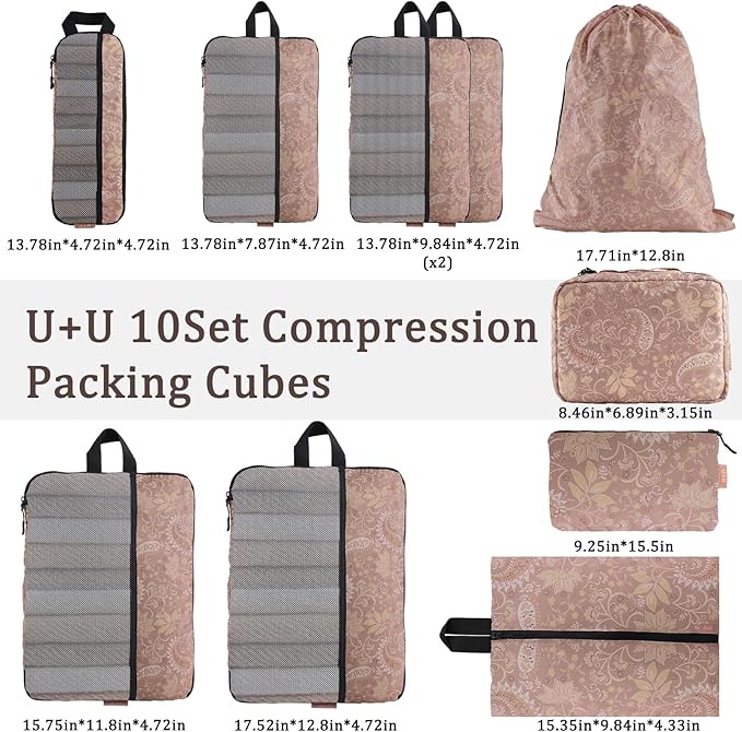 U+U 10 Set Compression Packing Cubes - Ultralight Travel Organizers with Laundry Bag, Space-Saving Suitcase Organizer, Expand