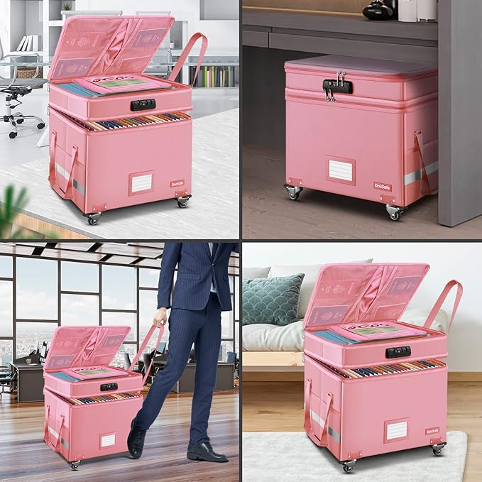 DocSafe File Box with Lock,2-Layer Fireproof Document Box with Wheels,Collapsible Rolling File Storage Organizer with Pockets
