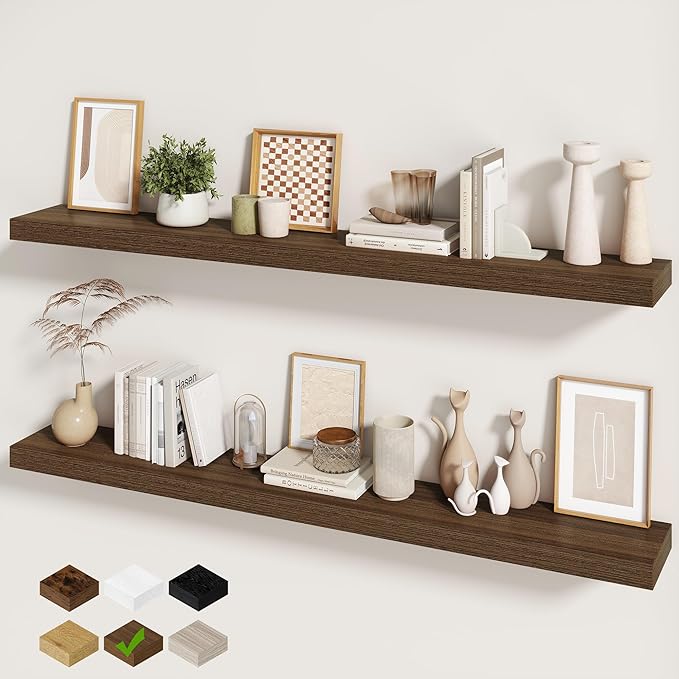 Fun Memories 60 Inch Fireplace Mantel - Long Floating Shelf, Wall Mounted Farmhouse Display with Invisible Heavy Duty Metal B