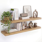 INHABIT UNION Oak Floating Shelves Set of 2，35.43in Wall Mounted Display Ledge Shelves for Bedroom, Bathroom, Living Room and