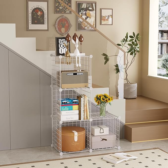C&AHOME Wire Cube Storage, 4-Cube Storage Organizer Metal, C Grids Storage Bins Shelving, Modular Bookshelf Shelf, Closet Cab