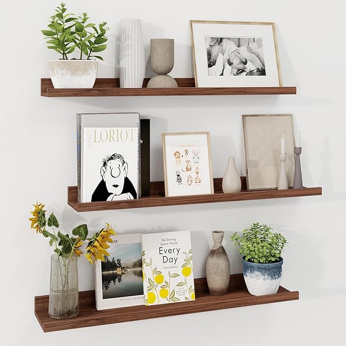Axeman 30 Inch Floating Shelves | Walnut Picture Ledge Shelf Set of 3 | Rustic Wood Wall Shelves with Lip | 30" Walnut Pictur