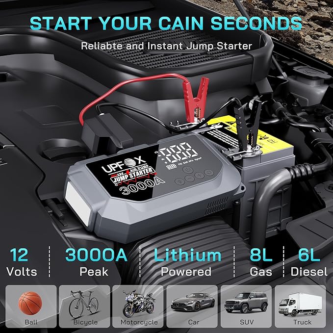 3000A Jump Starter with Air Compressor 12V, 44.4Wh Portable Car Jump Starter for 8.0L Gas & 6.0L Diesel Engines, 150PSI Tire