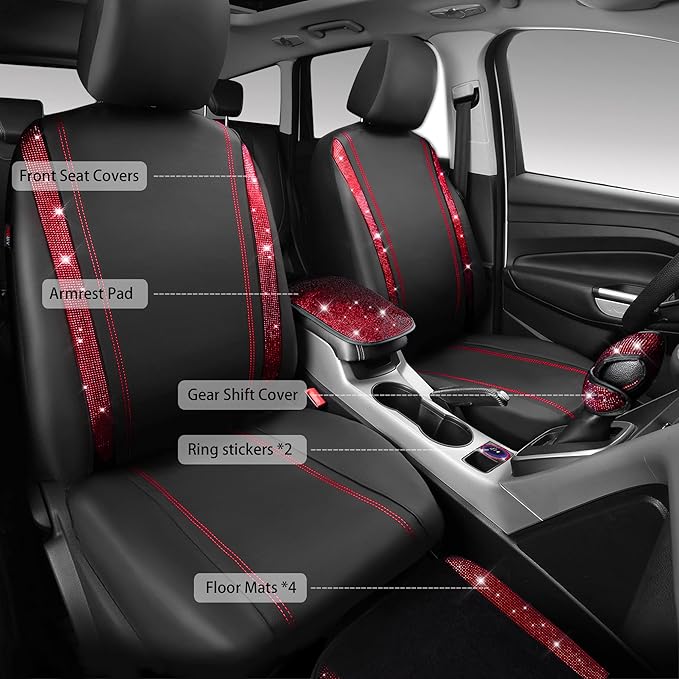 CAR PASS Rhinestone Red Bling Diamond Car Seat Covers Leather Black & Shining Car Floor mats Carpet with Anti-Slip Nibs& Blin