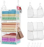 X-cosrack 3 Tier Foldable Closet Organizer, Clothes Shelves with 5 S Hooks, Wall Mount&Cabinet Wire Storage Basket Bins, for 