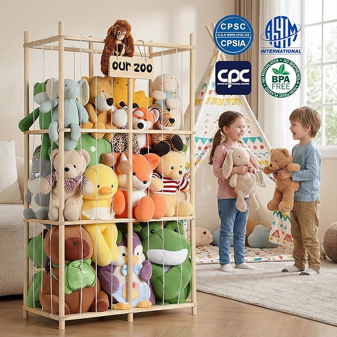 LAMU Stuffed Animal Storage, Wooden Zoo Stuffed Animal Holder with Elastic Cords, Space Save Plush Toy Cage, Double Capacity 