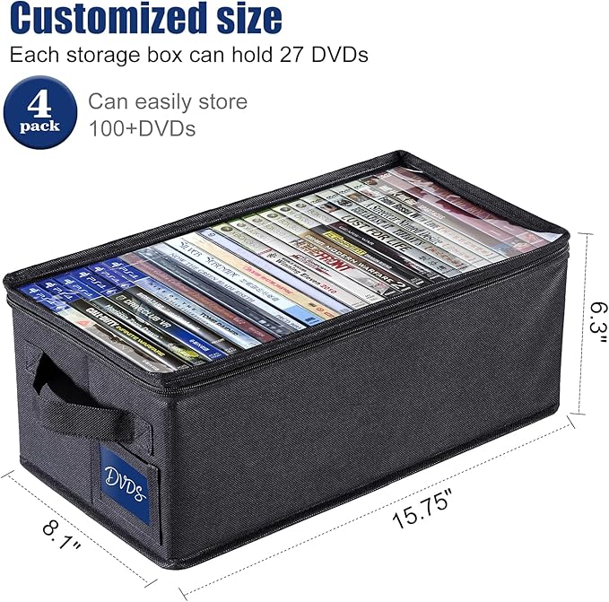 CCidea DVD Storage Box with Clear Window - 15.75" Foldable Media Organizer, Premium Zipper Closure, Holds 27+ DVDs, Dustproof Non-woven Fabric, Reinforced Handles & Label Slot (4)