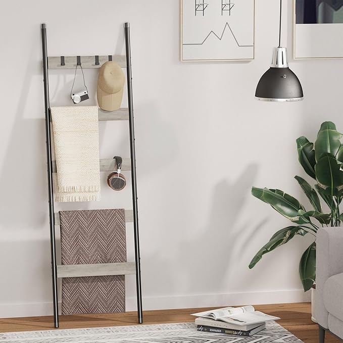 Blanket Ladder, 5-Tier Towel Holder with 4 Removable Hooks, Farmhouse Wall Leaning Decorative Rack Shelf, Wooden Towel Displa