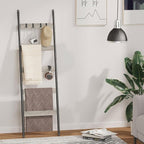 Blanket Ladder, 5-Tier Towel Holder with 4 Removable Hooks, Farmhouse Wall Leaning Decorative Rack Shelf, Wooden Towel Displa