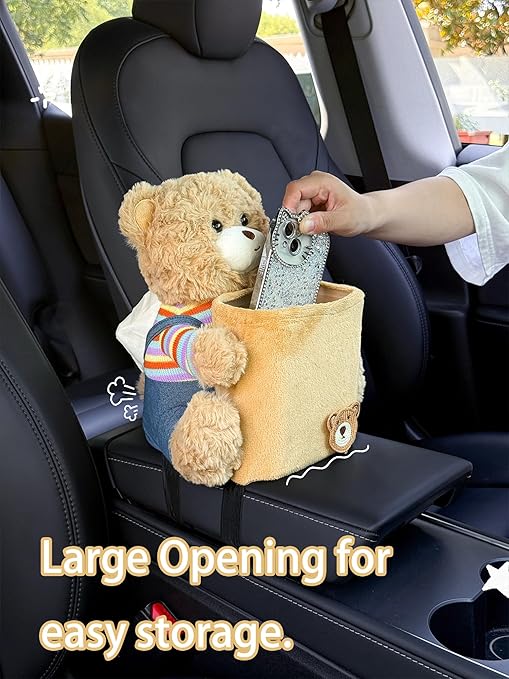 Cute Plush 2 in 1 Car Tissue Box and Trash Can Teddy Bear Tissue Box Plush Animals Cute Holder Plushie Multifunctional Organizer Creative Accessories for Women,Straw Hat Bear