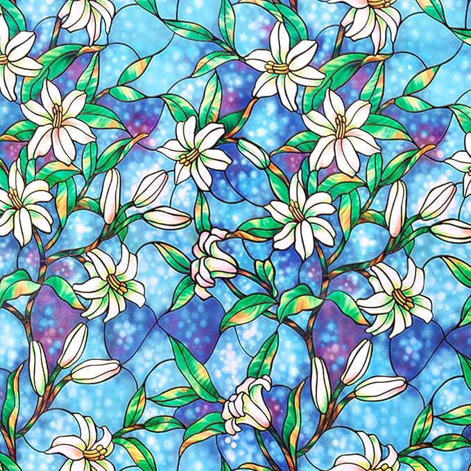 Coavas Static Cling Privacy Window Film, 96% UV & Heat Blocking, Stained Glass Window Film Floral Design, Non-Adhesive, for Bathroom, Front Door, Shower Enclosure‌ (Vinyl, 35.4" X 78.7 ")