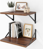 Deep Floating Shelves Wall Mounted, 16"x12" Walnut Wall Shelves with Brackets Set of 2 for Bedroom, Living Room, Bathroom, Ki