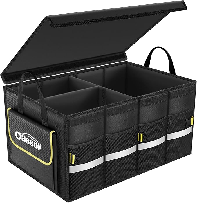 Oasser Car Trunk Organizer, 3 Compartments Collapsible Waterproof Car Organizer Storage with Foldable Cover, Reflective Strip,