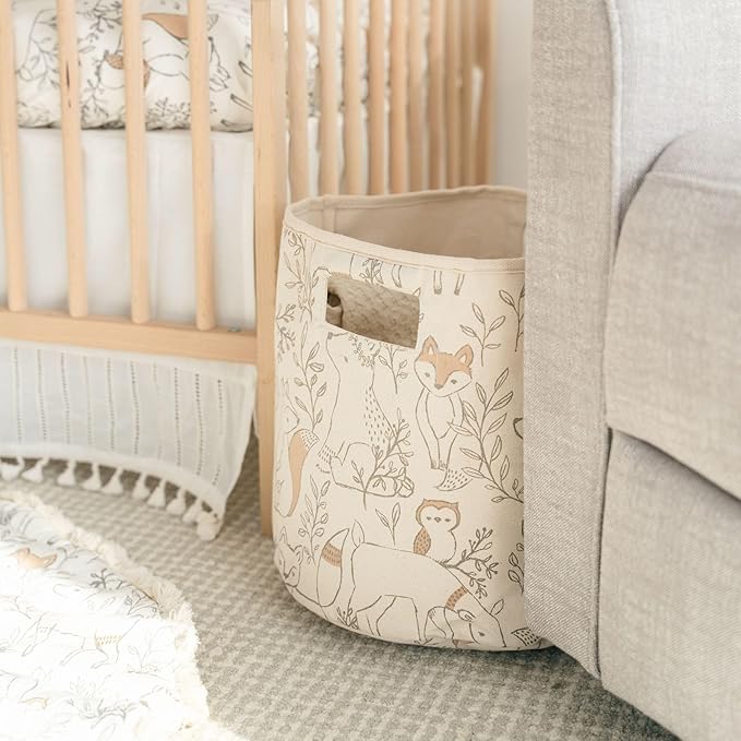 Crane Baby Woodland Nursery Basket, Animal Nursery Decor, Fabric Storage Bin, Collapsible Forest Decor, Hamper with Handles f