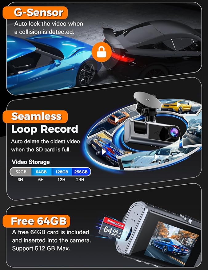 3 Channel WiFi Dash Cam Front and Rear Inside with 64GB SD Card, 2.5K+1080P+1080P Car Dash Camera for Cars Front and Rear, Da