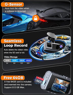 3 Channel WiFi Dash Cam Front and Rear Inside with 64GB SD Card, 2.5K+1080P+1080P Car Dash Camera for Cars Front and Rear, Da