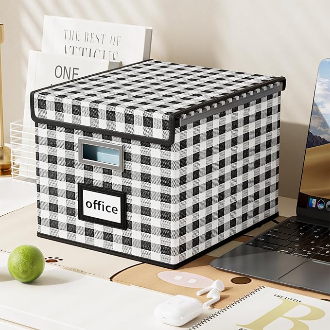 Huolewa File Organizer Box with Lid, Collapsible File Folder Organizer for Office Document Storage, Filing Box with Plastic S