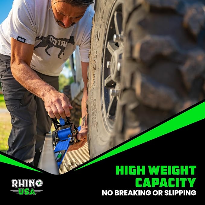 Rhino USA Retractable Ratchet Straps (4-Pack) - 2 Inch x 10 Feet (3,033lb Break Strength) - Heavy Duty Auto Self Retracting Tie Down Straps for Truck, Cargo Trailer, Motorcycle, Rad & More - Blue