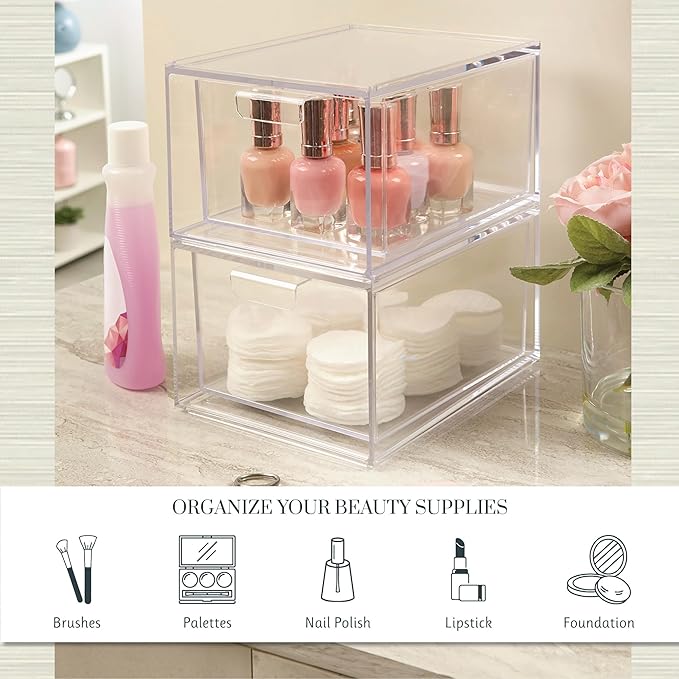 STORi Audrey Stackable Clear Bin Plastic Organizer Drawers | 2 Piece Set | Organize Cosmetics and Beauty Supplies on a Vanity