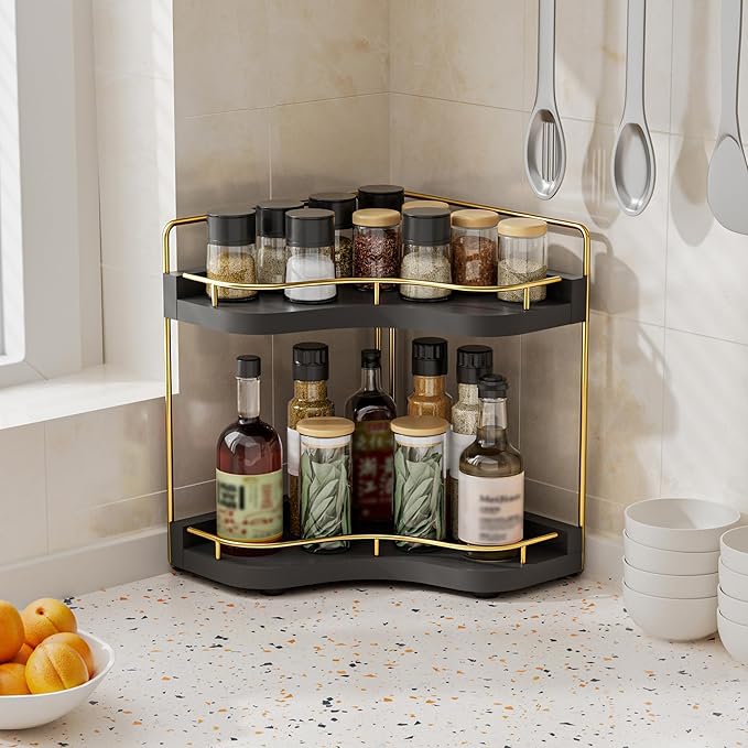2-Tier Corner Bathroom Counter Organizer with Embedded Screw Holes, Secure & Stable Wood Vanity Shelf for Makeup and Skincare