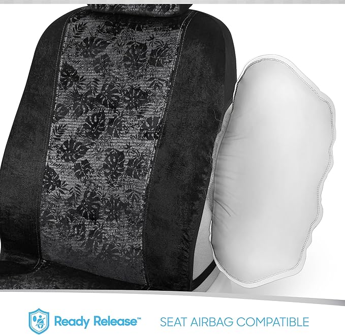BDK Black Maui Car Seat Covers for Front Seats, 2 Pack – Tropical Pattern with Matching Headrest, Sideless Design for Easy In