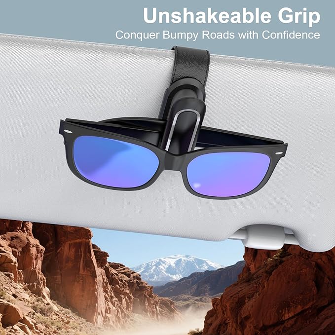 Veharvim Sunglass Holder for Car (One-Handed Operation, Gentle & Secure Hold, Silicone Padded, Universal Fits Sunglass and Car Visor) - Sunglasses Clip for Car Visor