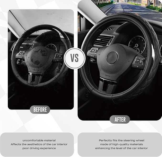 Road Comforts Leather Steering Wheel Cover – Black & Black, Universal Fit 14.5-15 Inch, Microfiber Leather, Anti-Slip & Breat