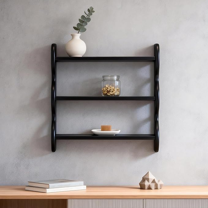 Solid Wood Wall Shelf 3-Tier,Black Wall Shelf, Rustic Floating Shelves Wall Mounted Storage Rack,Vintage Wall Shelves Wall Mo
