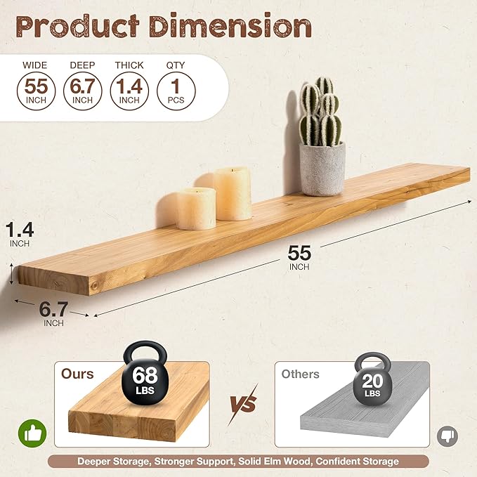 fuqing Floating Shelves for Wall, 55 inch Rustic Solid Elm Wood Floating Shelves, Wooden Wall Shelves with Invisible Heavy Du