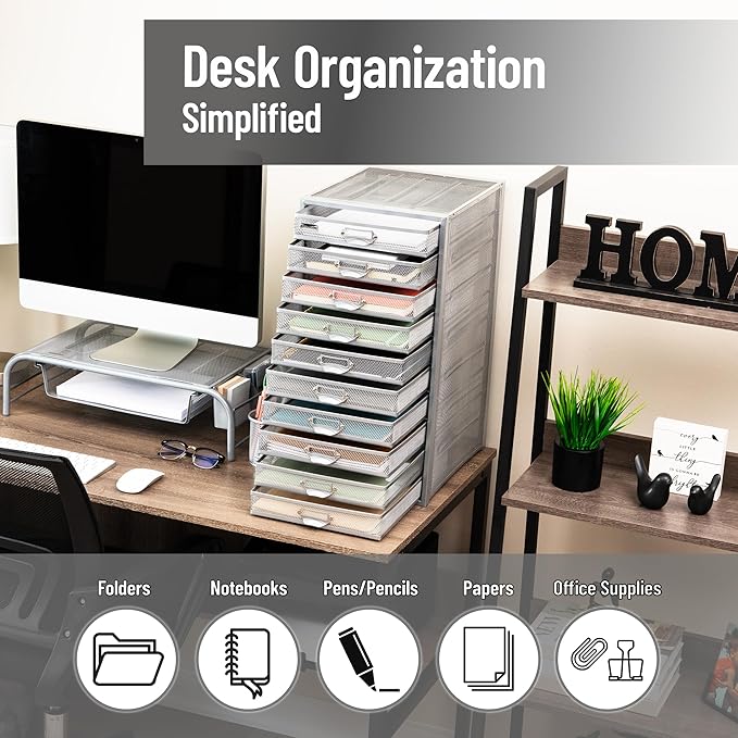 Mind Reader 10-Drawer Desk Organizer for Office Supplies, Crafts, Mail Sorting & More, Metal Mesh, 10.75"L x 14"W x 21.25"H, 
