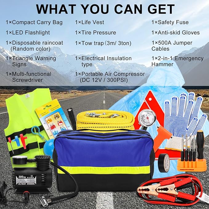 Car Safety Kit,14-Piece Roadside Emergency Car Kit,Vehicle Emergency Kit with Jumper Cables,Car Emergency Kit with Portable A