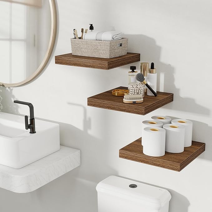Fun Memories Rustic Wood Floating Shelves for Wall, Space-Saving Wall Mounted Shelves for Bathroom, Bedroom, Living Room and 