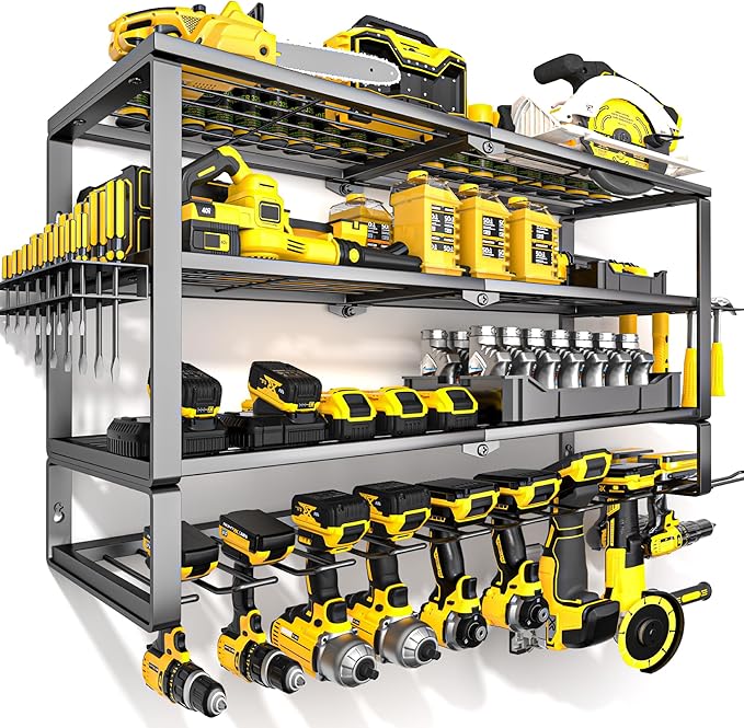 YYR Large Power Tool Organizer Wall Mount, Heavy Duty Metal Cordless Drill Storage Rack with Battery Charging Station Shelf, 