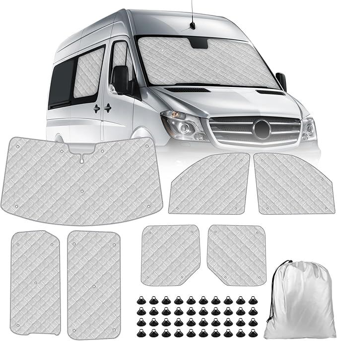 Mercedes Sprinter Sun Shade 7-Piece Set 2019-2023 | Full Cabin Thermal Insulation Kit for LWB Vans | UV Blocker + Privacy Covers (Front/Rear/Side Windows)