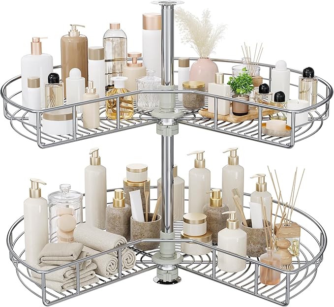 DWVO 31″ Kidney 2-Tier Lazy Susan – Telescoping Mount Corner Cabinet Organizer with Pie-Shelf Design, for Bathroom,Kitchen Ca