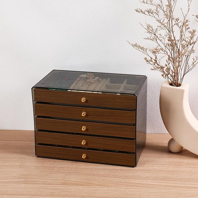 CLUQMEIK 5 Layer Large Wooden Jewelry Box with Acrylic Lid and Wooden Drawers, Stackable Jewelry Organizers and Storage Box f