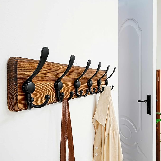Dseap Coat Rack Wall Mounted - 24" Long 6 Tri Hooks, Heavy Duty Wooden Wall Coat Hanger Coat Hook for Clothes Hat Jacket Clot