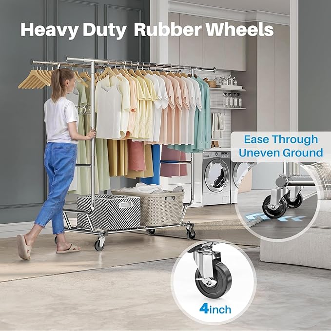 HOKEEPER Clothes Rack Heavy Duty Clothing Rack Load 650 LBS Collapsible Garment Rack with Wheels Double Rod Clothes Rack for 