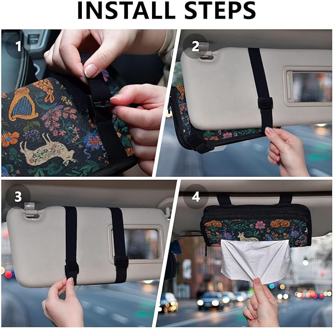 Car Tissue Holder Car Visor Organizer Tissue Box Holder for Car Sun Visor Organizer with Car Vehicle Accessories Essentials Interior for Women Men Dark Harp Sheep Flowers Embroidery
