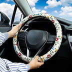 Embroidered Red Flower and Cute Daisy Steering Wheel Cover Auto Anti-Slip Breathable Rubber Steering Wheel Protector,Floral Car Accessories for Women,Universal Size Fit Most Cars -15 inch