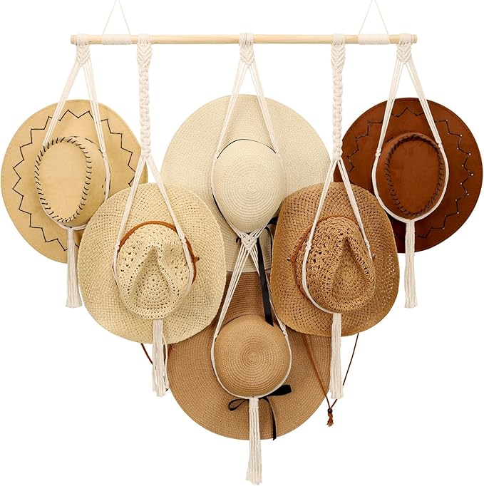 ZYP Macrame Hat Hanger Boho Hat Rack for Wall Hat Holder Display Organizer Bobo Hanging Hat Organizer Storage for Wide Brim H