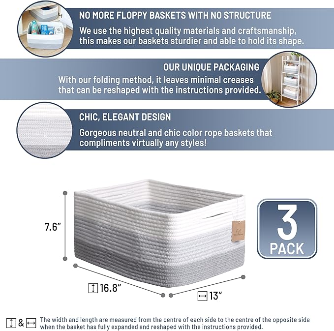 NaturalCozy Storage Baskets 16.8”x13”x7.6” Cotton Rope Woven Baskets for Organizing 3-Pack | Toy Storage Bins | Basket for Sh