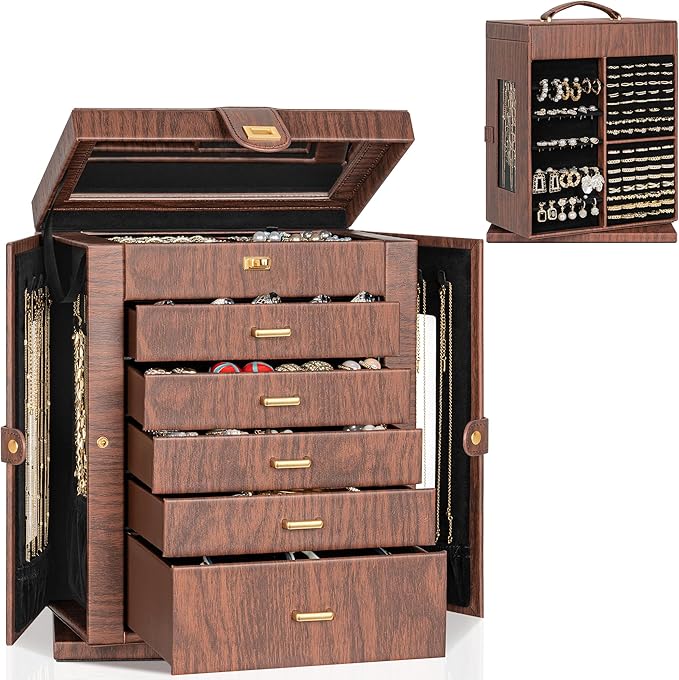 AKOZLIN 360° Rotating Jewelry Box Extra Large 6-Tier Organizer Functional Jewelry Storage Case for Women Girls Ring Necklace 
