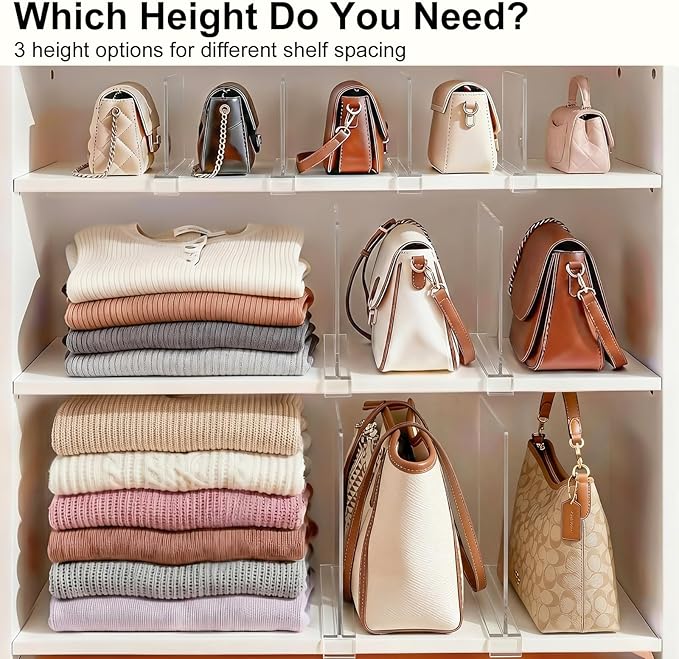 SortNStore Shelf Dividers Purse Organizer for Closet: 6-inch Tall(Shorter Version) Acrylic Handbag Organizer - Small Space Se
