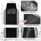 CAR PASS Bling Diamond Leather Steering Wheel Cover 14.5in-15in Floor Mats Shining Rhinestone Carpet Sparkly Glitter Crystal Anti-Slip Pad Fit Automotive SUV Pickup Truck Girl Women, 5pcs Black Sliver