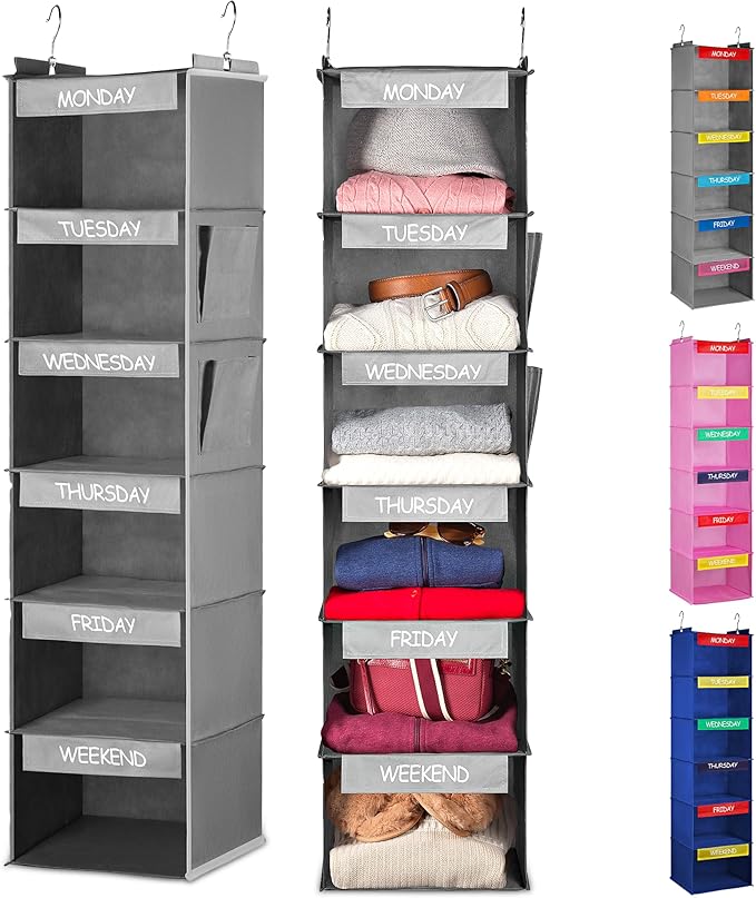 Handy Laundry Hanging Clothes Organizer for Kids - 6-Shelf Closet Daily Clothing Organization Labeled Shelves with Days of Th