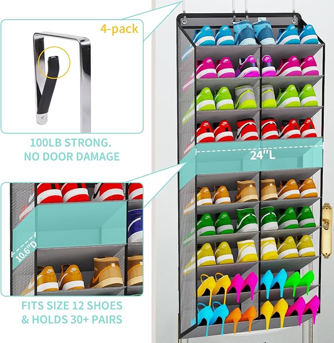 Heavy-Duty, over the door shoe organizer, Extra-Wide Large, shoe organizer, Holds 30 Pairs & Supports 100lbs, shoe rack, with